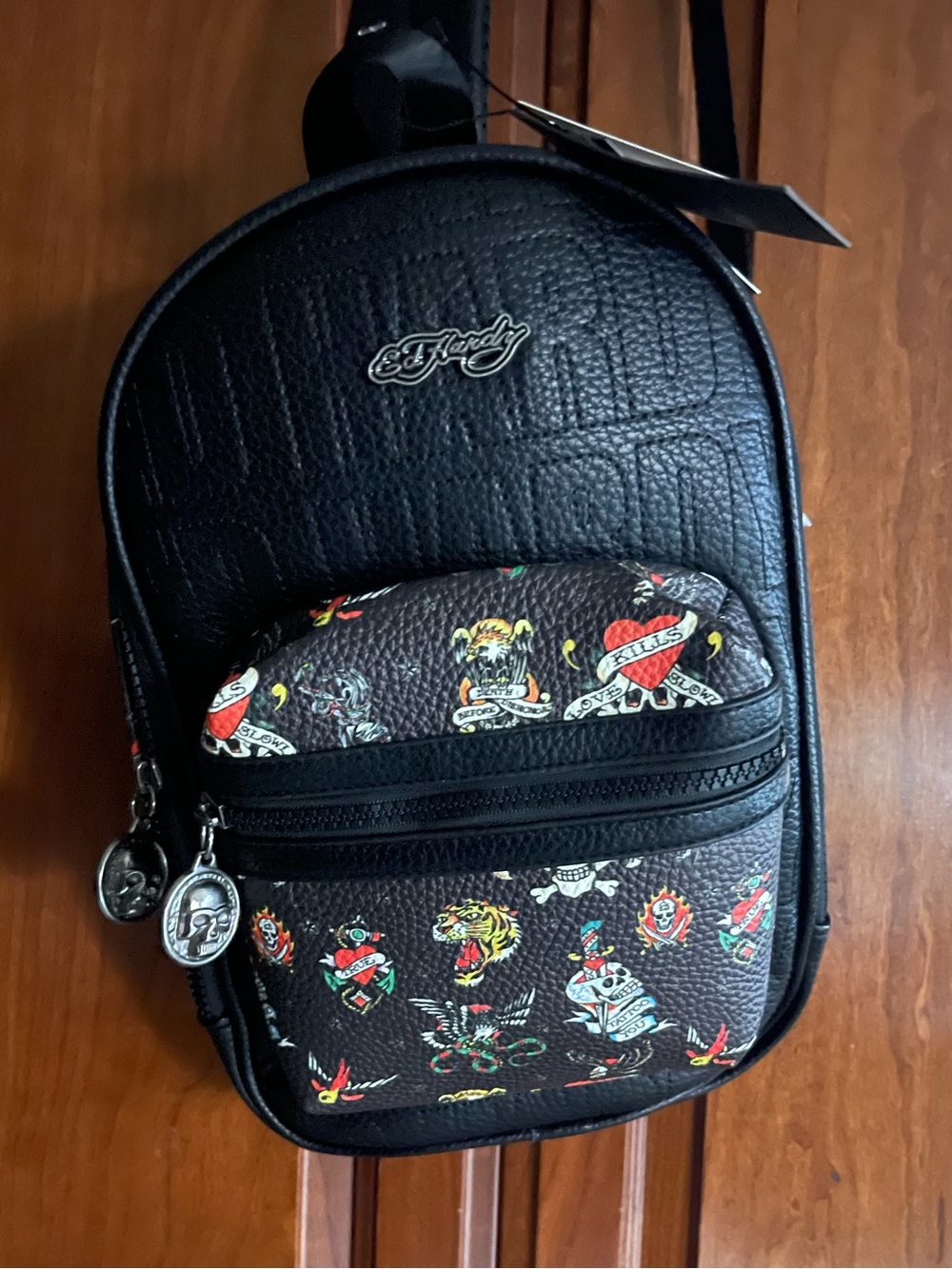 Ed Hardy Black Mini Sling Bag with Multicolor Tattoo Motifs